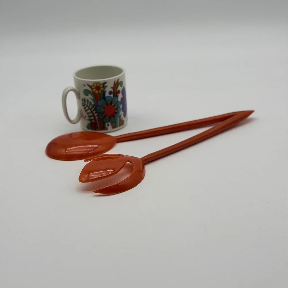 Vintage MCM Burnt Orange Lucite Salad Server Tulip Serving Spoon Fork Set 11.5in